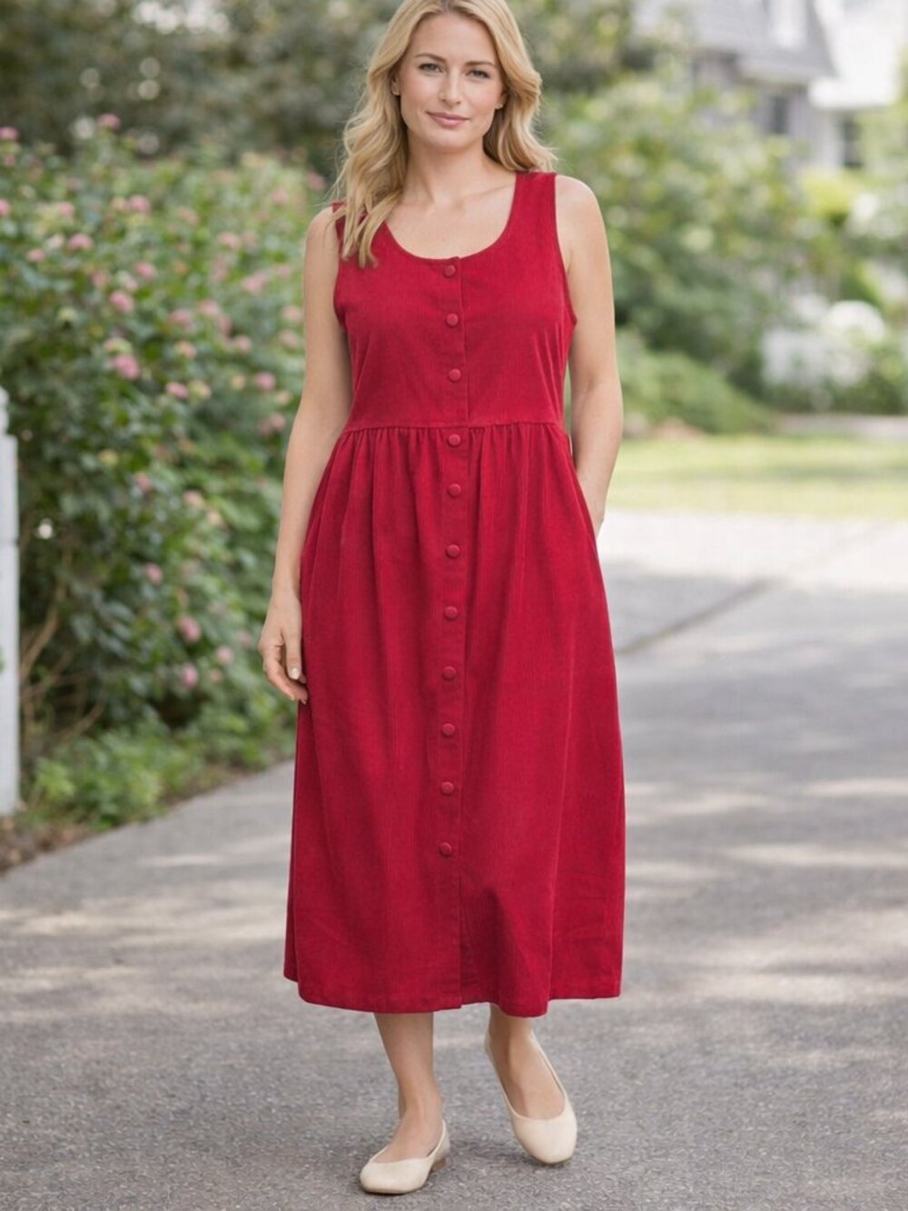 Vtg Appleseeds Corduroy Sz LP Overall Jumper Dress Red Buttons 90's Cottagecore